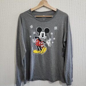 Disney Mickey Mouse Gray Long Sleeve Christmas Shirt Size Large
